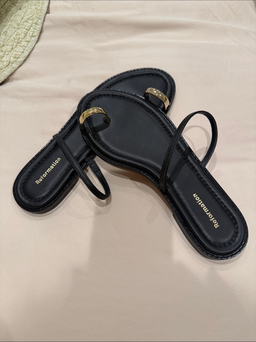 Reformation Black Leather Toe-Ring Sandals with Gold Hardware